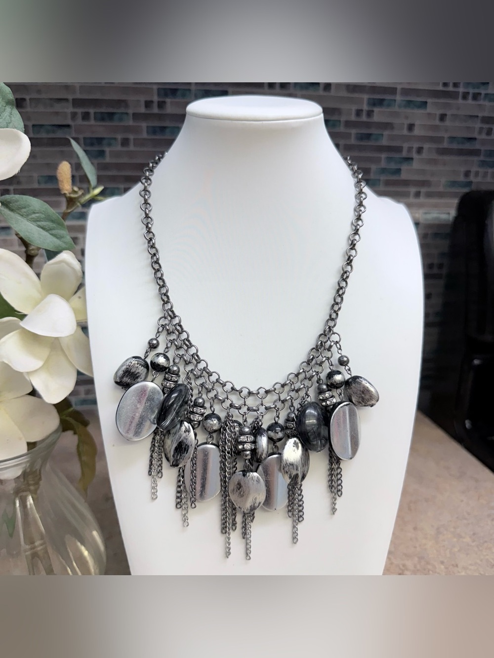 Premier Designs "On The Fringe" Statement Necklace Gunmetal Silver